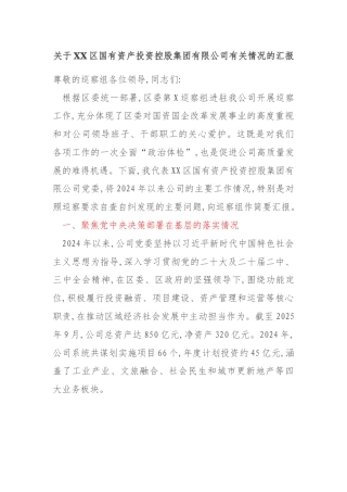关于XX区国有资产投资控股集团有限公司有关情况的汇报