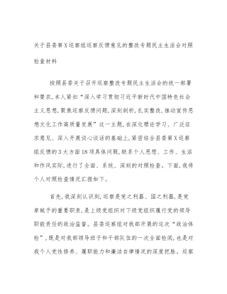 关于县委第X巡察组巡察反馈意见的整改专题民主生活会对照检查材料