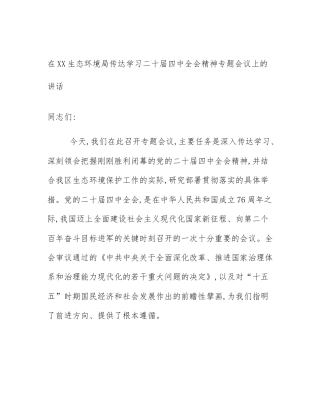 在XX生态环境局传达学习二十届四中全会精神专题会议上的讲话