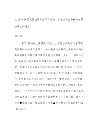 在XX市XX区人民法院传达学习党的二十届四中全会精神专题会议上的讲话
