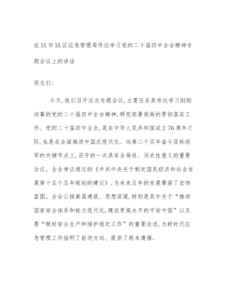 在XX市XX区应急管理局传达学习党的二十届四中全会精神专题会议上的讲话