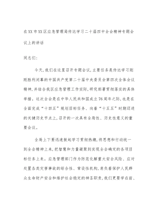 在XX市XX区应急管理局传达学习二十届四中全会精神专题会议上的讲话