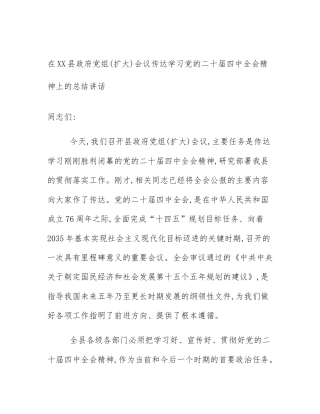 在XX县政府党组(扩大)会议传达学习党的二十届四中全会精神上的总结讲话