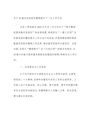 关于XX镇后进党组织整顿提升下一步工作计划