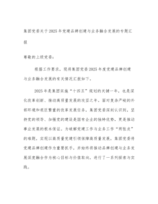 集团党委关于2025年党建品牌创建与业务融合发展的专题汇报