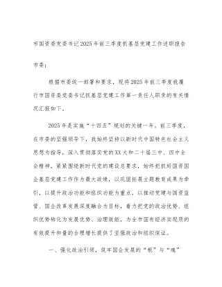 市国资委党委书记2025年前三季度抓基层党建工作述职报告