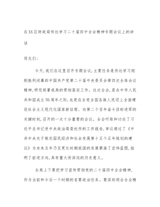 在XX区财政局传达学习二十届四中全会精神专题会议上的讲话