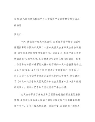 在XX区人民检察院传达学习二十届四中全会精神专题会议上的讲话