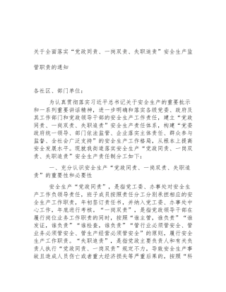 关于全面落实“党政同责、一岗双责、失职追责”安全生产监管职责的通知