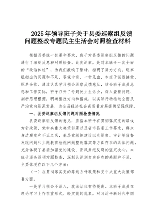 2025年领导班子关于县委巡察组反馈问题整改专题民主生活会对照检查材料