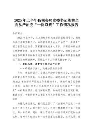 2025年上半年县税务局党委书记落实全面从严治党“一岗双责”工作情况报告