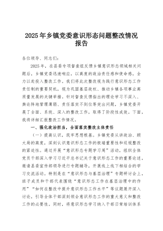 2025年乡镇党委意识形态问题整改情况报告