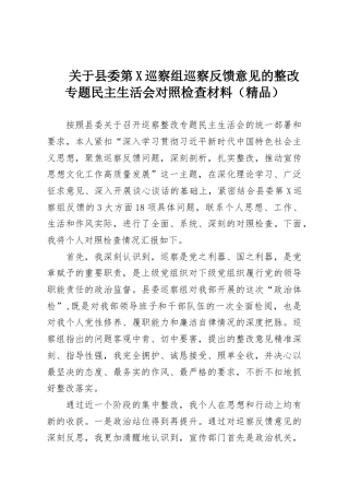 关于县委第X巡察组巡察反馈意见的整改专题民主生活会对照检查材料（精品）