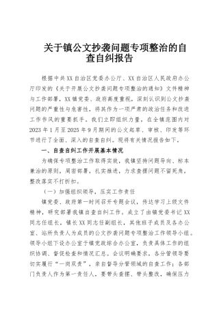 关于镇公文抄袭问题专项整治的自查自纠报告