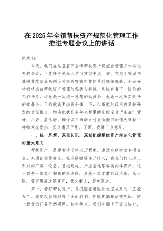 在2025年全镇帮扶资产规范化管理工作推进专题会议上的讲话