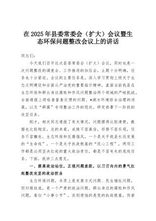 在2025年县委常委会（扩大）会议暨生态环保问题整改会议上的讲话
