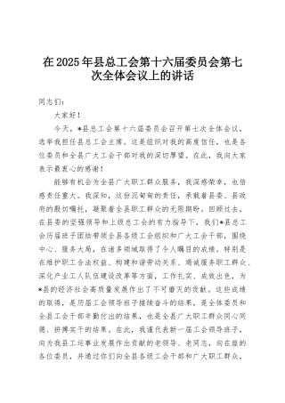 在2025年县总工会第十六届委员会第七次全体会议上的讲话