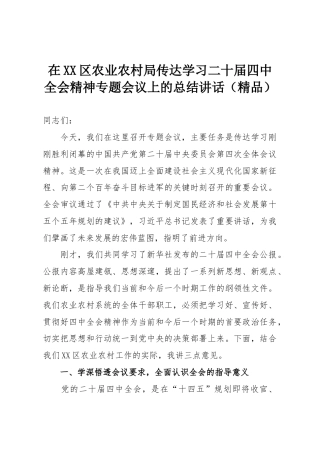 在XX区农业农村局传达学习二十届四中全会精神专题会议上的总结讲话（精品）