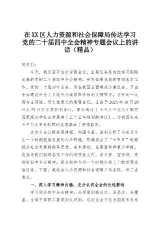 在XX区人力资源和社会保障局传达学习党的二十届四中全会精神专题会议上的讲话（精品）