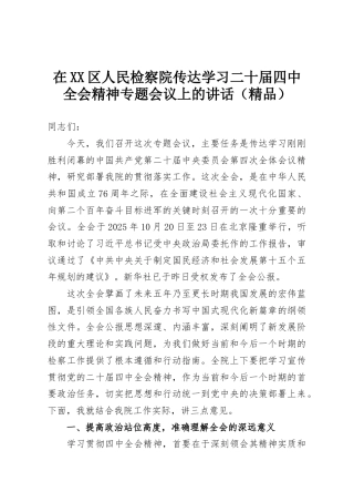 在XX区人民检察院传达学习二十届四中全会精神专题会议上的讲话（精品）
