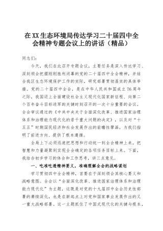 在XX生态环境局传达学习二十届四中全会精神专题会议上的讲话（精品）