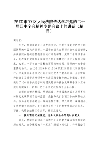 在XX市XX区人民法院传达学习党的二十届四中全会精神专题会议上的讲话（精品）