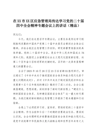 在XX市XX区应急管理局传达学习党的二十届四中全会精神专题会议上的讲话（精品）