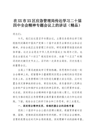 在XX市XX区应急管理局传达学习二十届四中全会精神专题会议上的讲话（精品）