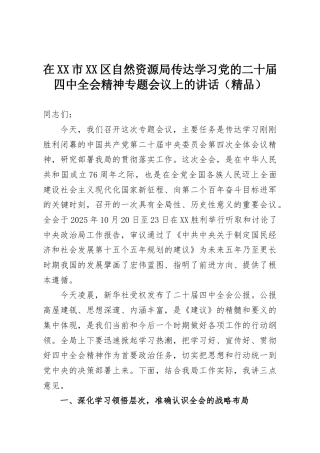 在XX市XX区自然资源局传达学习党的二十届四中全会精神专题会议上的讲话（精品）
