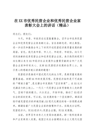 在XX市优秀民营企业和优秀民营企业家表彰大会上的讲话（精品）