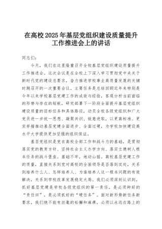 在高校2025年基层党组织建设质量提升工作推进会上的讲话