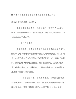 XX县委社会工作部党组向县委巡察组工作情况汇报