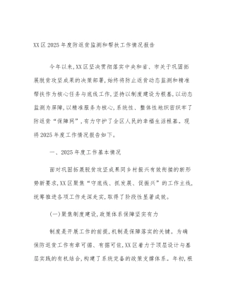 XX区2025年度防返贫监测和帮扶工作情况报告