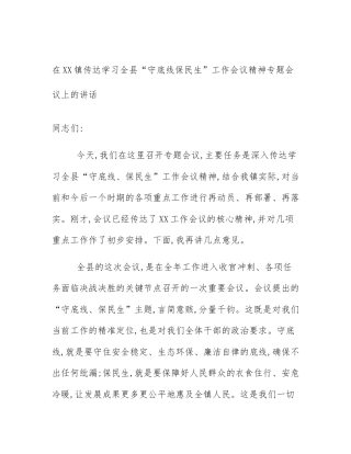 在XX镇传达学习全县“守底线保民生”工作会议精神专题会议上的讲话