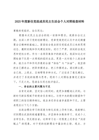 2025年度新任党组成员民主生活会个人对照检查材料