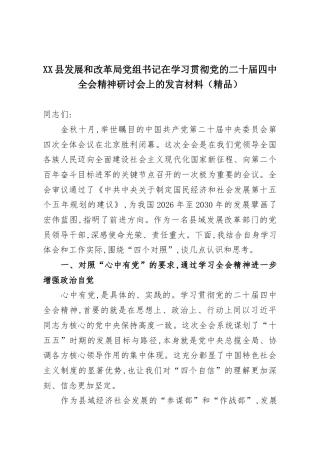 XX县发展和改革局党组书记在学习贯彻党的二十届四中全会精神研讨会上的发言材料（精品）