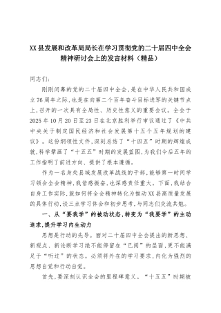 XX县发展和改革局局长在学习贯彻党的二十届四中全会精神研讨会上的发言材料（精品）