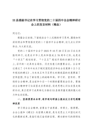 XX县委副书记在学习贯彻党的二十届四中全会精神研讨会上的发言材料（精品）