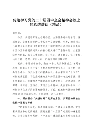 传达学习党的二十届四中全会精神会议上的总结讲话（精品）