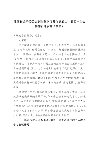 发展和改革委员会副主任学习贯彻党的二十届四中全会精神研讨发言（精品）