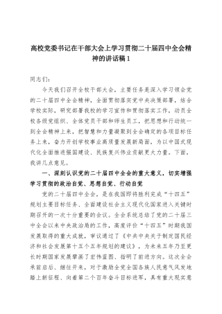 高校党委书记在干部大会上学习贯彻二十届四中全会精神的讲话稿1