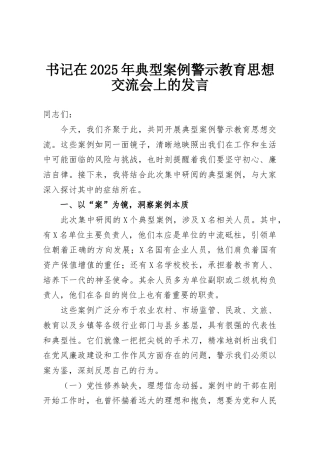 书记在2025年典型案例警示教育思想交流会上的发言