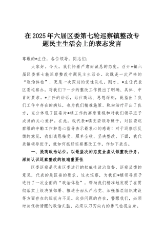 在2025年六届区委第七轮巡察镇整改专题民主生活会上的表态发言