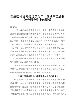 在生态环境局传达学习二十届四中全会精神专题会议上的讲话
