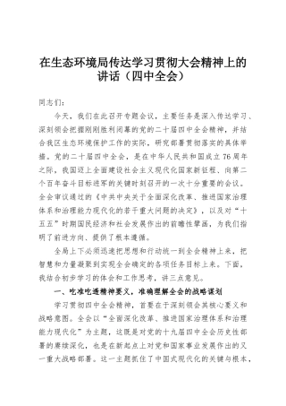 在生态环境局传达学习贯彻大会精神上的讲话（四中全会）