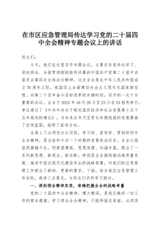 在市区应急管理局传达学习党的二十届四中全会精神专题会议上的讲话