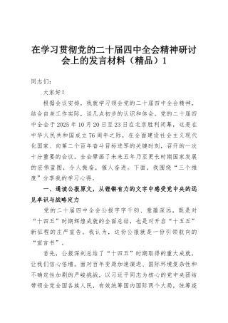 在学习贯彻党的二十届四中全会精神研讨会上的发言材料（精品）1