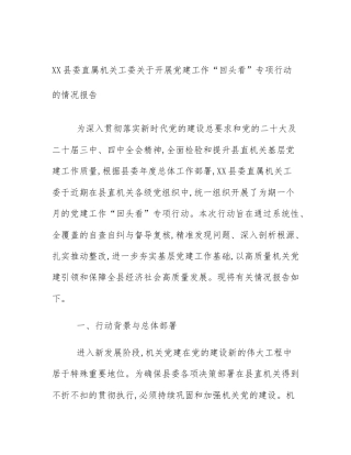 XX县委直属机关工委关于开展党建工作“回头看”专项行动的情况报告