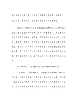 国企党组书记学习党的二十届四中全会心得体会：乘势而上、坚定自信、担当实干，努力推动国企实现高质量发展