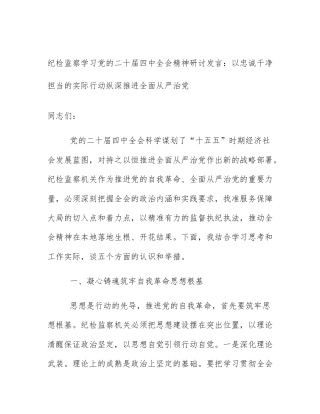 纪检监察学习党的二十届四中全会精神研讨发言：以忠诚干净担当的实际行动纵深推进全面从严治党